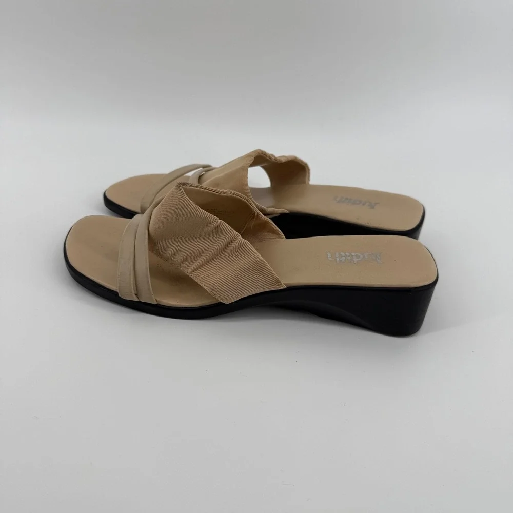 Vintage Y2K Tan Ribbed Fabric Wedge Slide On Stretch Strap Sandals Women Size 9M